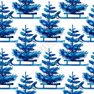 蓝色圣诞水彩画松树和雪橇无缝图案 手绘冷杉树背景或壁纸或圣诞 Gif 枞树 圣诞老人背景图片