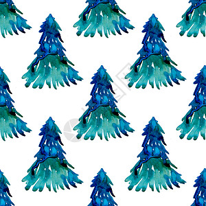蓝色圣诞水彩松树无缝图案 手绘冷杉树背景或壁纸或圣诞 Gif 圣诞节 冬天背景图片