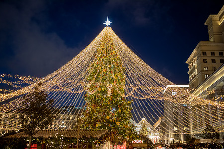 雪夜里圣诞树夜里在市集中心的圣诞树上背景