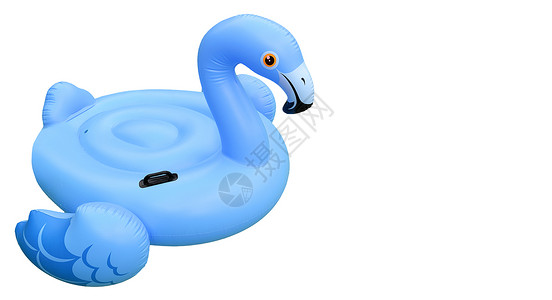 白色被隔离的蓝色火烈鸟形状的游泳池玩具 白上切除的Flamingo充气式火焰背景