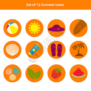 防晒霜图标橙色圆形背景上的夏季海滩平面图标集 平面设计风格 插图背景