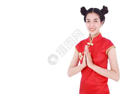 女人穿红长相服 尊重中国新年的幸福概念 将白种背景隔离开来 亚洲 节日背景图片