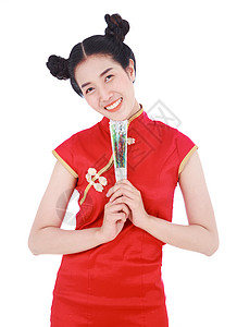 妇女穿着中国青桑服装 并持有白背景孤立的中国风扇 抓住 日本人背景图片