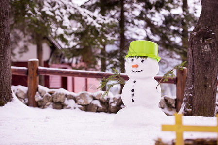 绿色帽子的雪人带着绿色帽子微笑的雪人 寒冷 冬天 有趣的 森林 男人背景