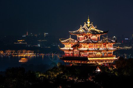 城隍阁中国杭州市城神帕维良 黄宝石之夜照亮的夜景 吸引力 日落背景