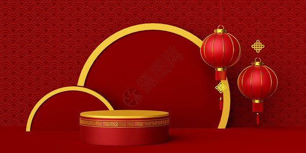 3d 中国新年横幅插图 配有讲台和中国灯笼 卡片 纸背景图片