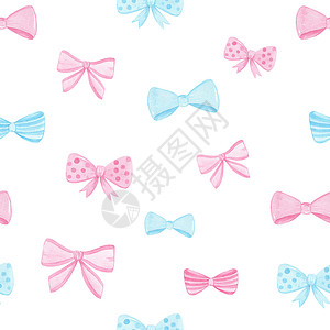 白色蝴蝶结图案白色背景上的粉红和蓝弓无缝图案 水彩手画丝带背景