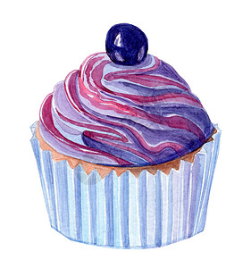水彩蛋糕水彩手画紫色纸杯蛋糕 在白色背景上隔离蓝莓背景