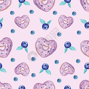 水彩粉色甜甜圈浅紫背景的蓝莓甜甜圈无缝图案 用于织物 纺织 包装 剪贴 壁纸背景