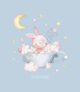 卡通月亮与兔子小兔子在杯子里洗澡 可爱的水彩卡通手绘印花可用于 T 恤印花 童装时装设计 婴儿送礼会邀请卡背景