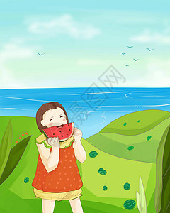 海边吃西瓜的小女孩图片