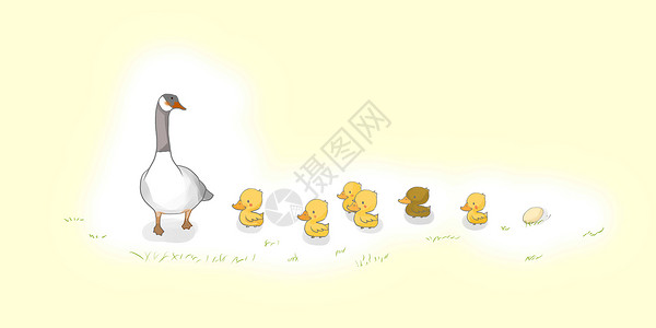 手绘小黄鸭鸭妈妈和小鸭子插画