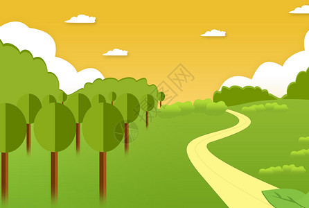 绿色小清晰绿叶日落西山的景色插画