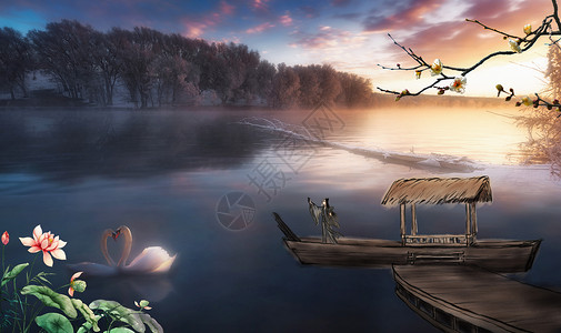 湖面上的小舟中国风背景设计图片