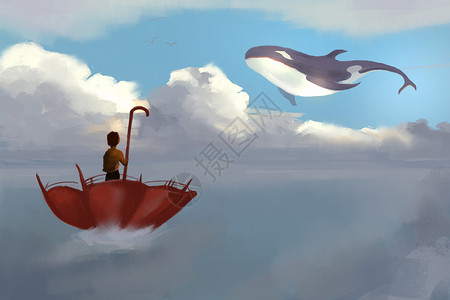 伞里男孩云端上的鲸鱼插画插画