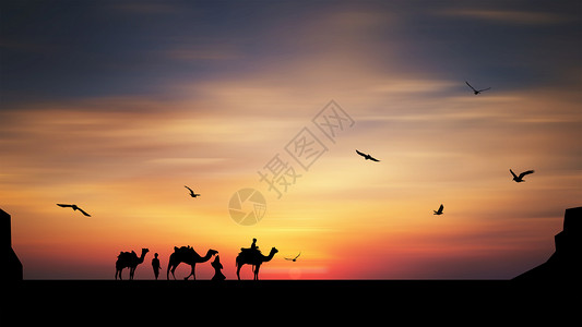 动物矢量插画夕阳下的骆驼队剪影设计图片