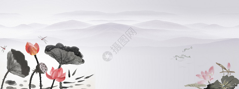 简约中国风荷花水墨画之荷塘月色设计图片