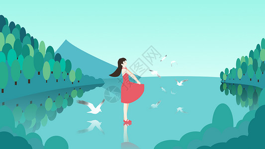 天空之境下的红裙子女孩与海鸥插画背景图片