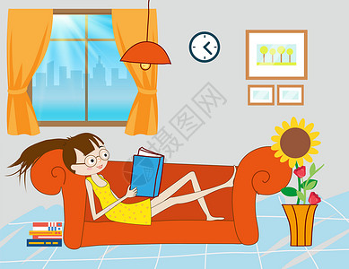躺下看书的女孩躺在沙发上看书插画