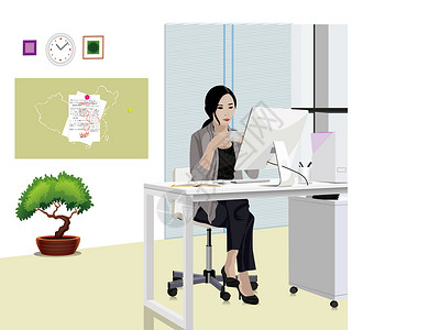 办公室百叶窗老师坐在办公室插画