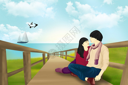 木头长椅海边木桥上约会的情侣插画