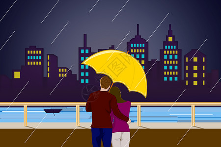 雨伞线条七夕城市中相拥的情侣插画
