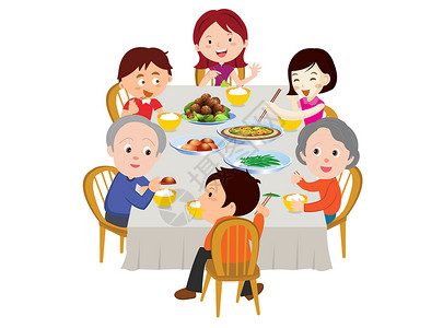 家庭桌子一家人六口人一起吃饭插画