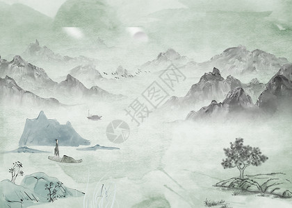 大觉山古镇中国风水墨画设计图片