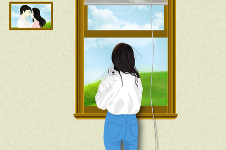 手绘相框站在窗边看风景的女人插画