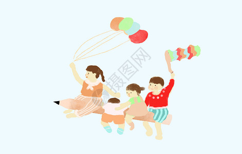 涂鸦水彩手绘插画一群小孩骑在铅笔上飞行插画