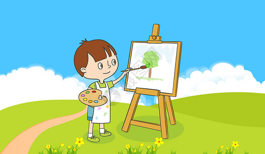 小男孩画画草地美术素材高清图片