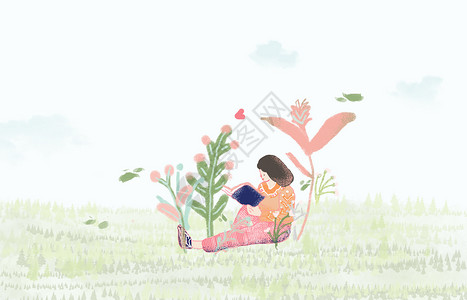 草png手绘小清新插画在看书的女孩插画