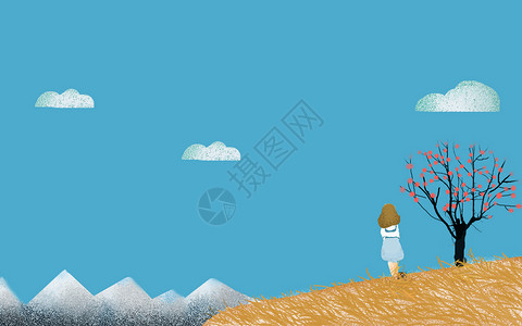 白云PNG站在山坡上远眺的小女孩插画