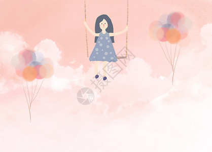 荡秋千的女孩手绘粉色云端上的小女孩插画