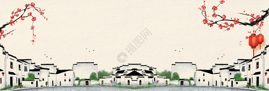 灯笼水彩素材中国风古典建筑背景设计图片