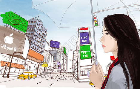 短发美女人像都市漫步插画