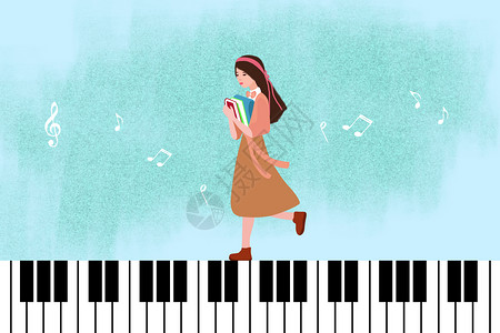 黑色花藤背景钢琴键上行走的女学生插画