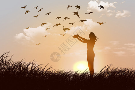 日落温泉夕阳下草地上放飞鸽子的女人插画