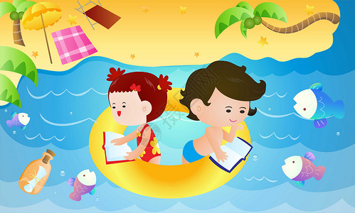 男孩抱着游泳圈儿童插画设计图片