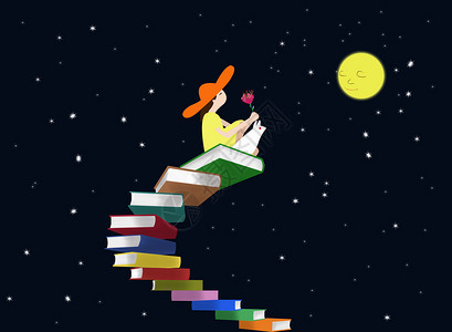 夜空元素书梯上坐着看月亮的小孩和兔子插画