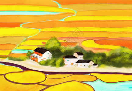 美丽的房子秋天里金黄色美丽的乡村插画