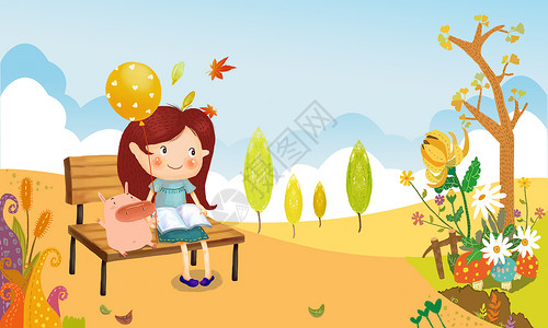 秋季开学在大自然中读书的女孩插画