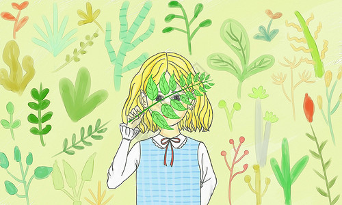 雀斑脸植物和小女孩插画