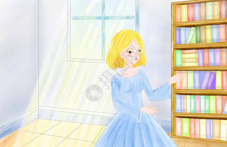 蓝裙子光脚女孩看书的女孩插画