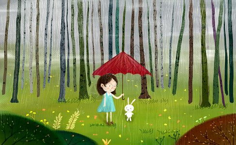 孩子扮演小兔子小女孩树林打伞插画插画