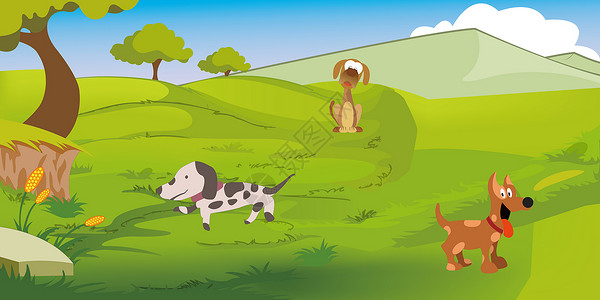 手绘植物花篮三只小狗在草地欢乐玩耍设计图片