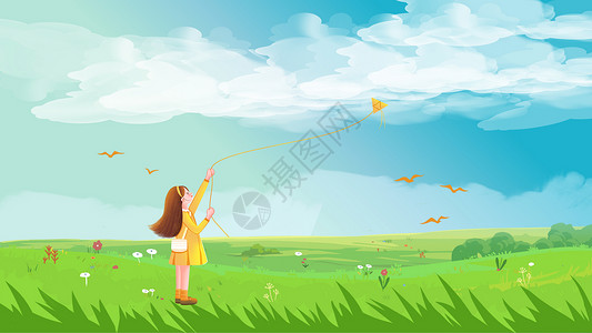 田野上放风筝女孩图片