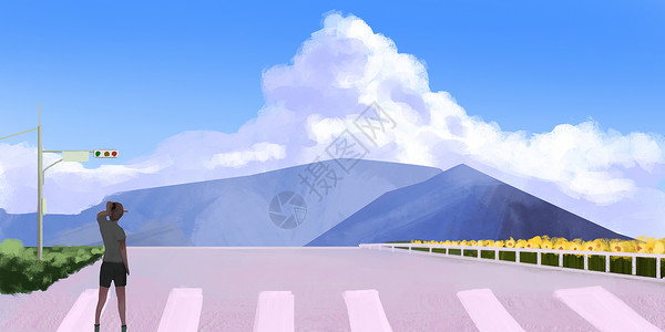 草原公路背景日漫公路插画插画