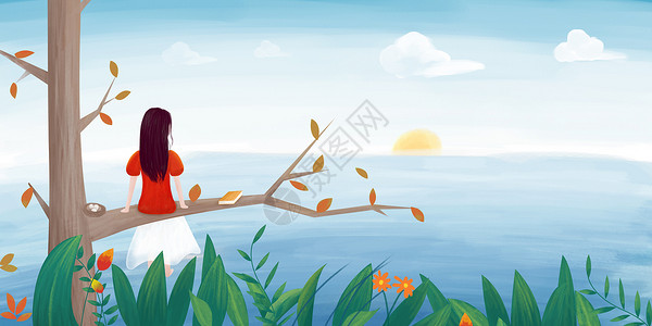 杯中少女坐在树上看书看海的女孩插画