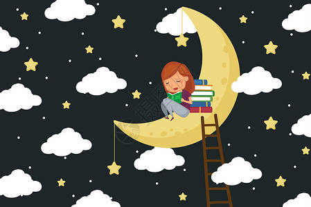 靠着读书的女孩坐在月亮上看书插画
